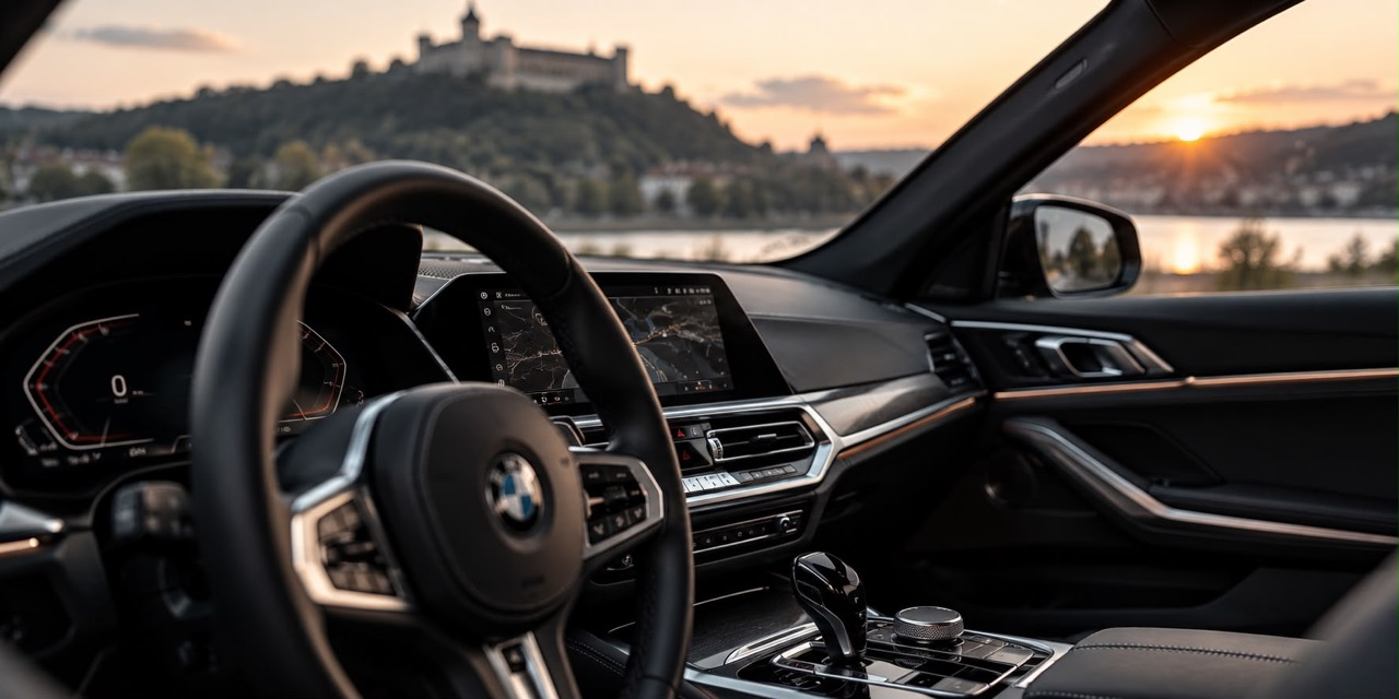 Fahrzeuginnenraum mit Blick auf den Rhein und Koblenz